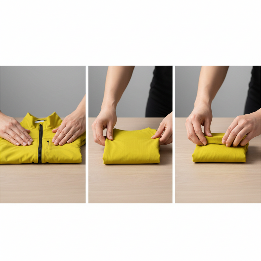 Step-by-step folding a cycling rain jacket into a compact rectangle