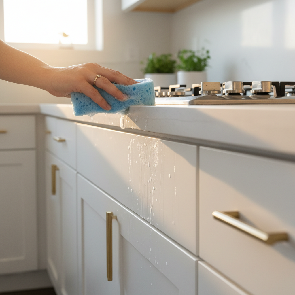 Degreasing sticky cabinet area near stove with gentle cleaner