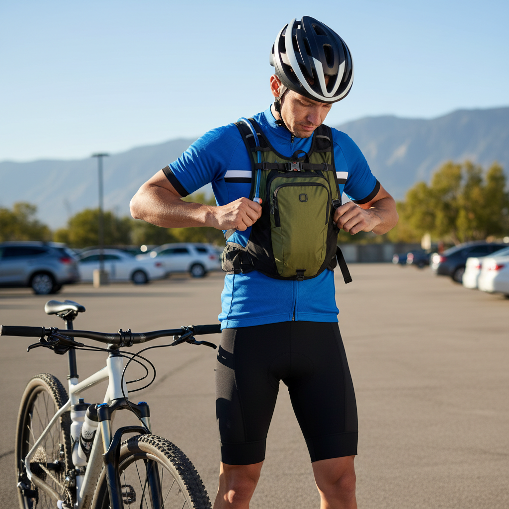 Cyclist adjusting hydration pack shoulder straps and sternum strap for proper fit