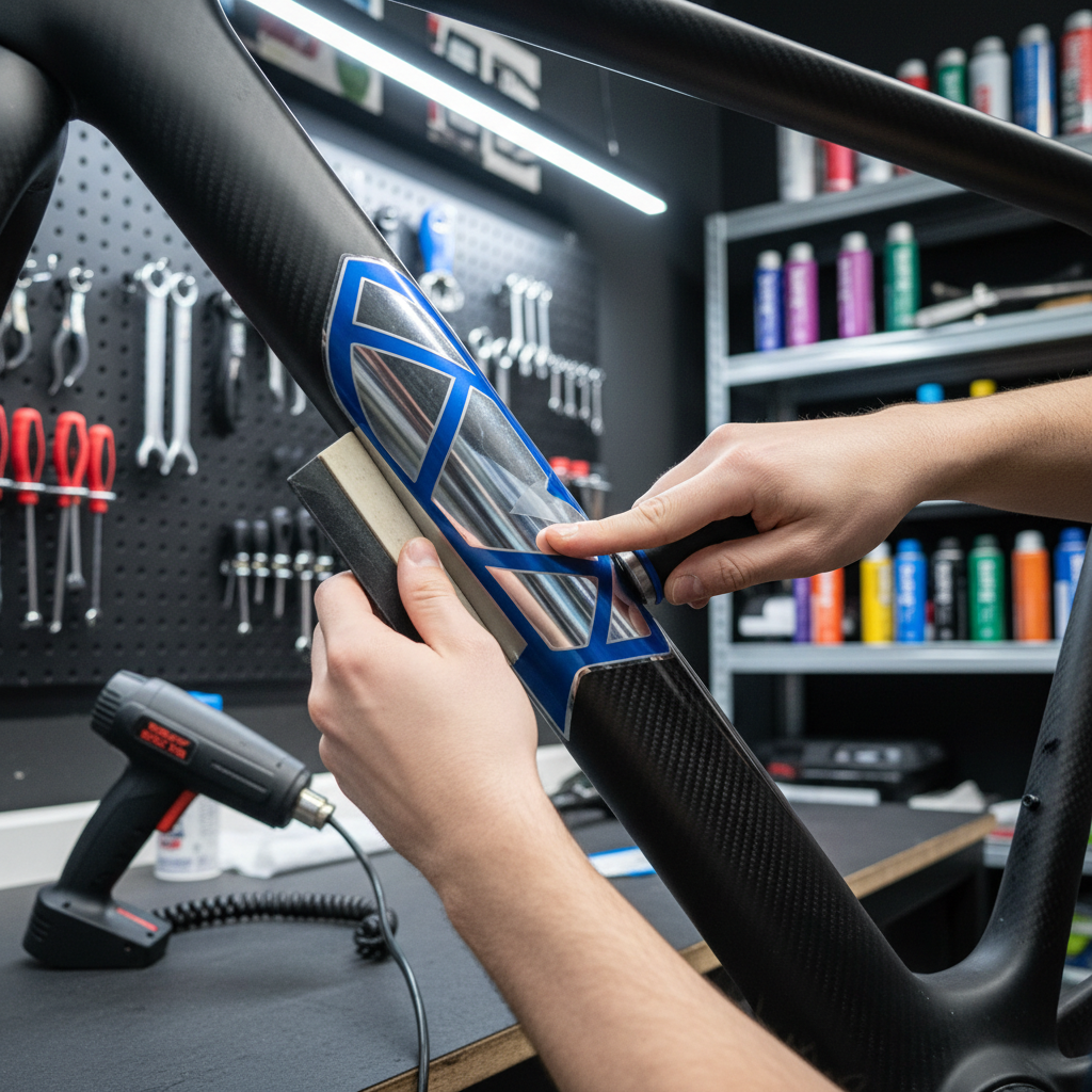 Hands applying bike decal with squeegee and heat gun on curved frame tube