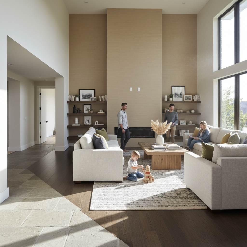 Durable low-pile area rug in a busy living room entry path