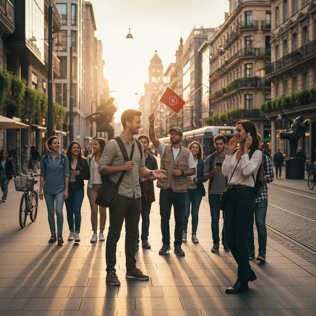 Solo traveler joining a small group walking tour in a city