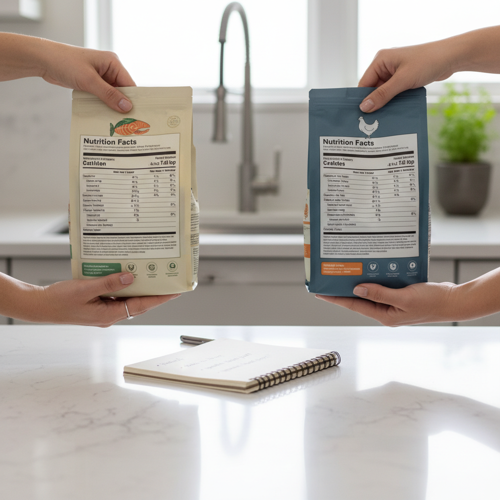 Pet owner comparing cat food labels for protein, calories, and ingredients