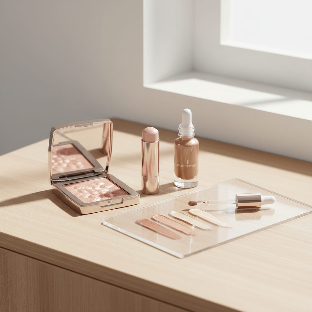 Makeup vanity with different highlighter textures: powder, cream, liquid swatches