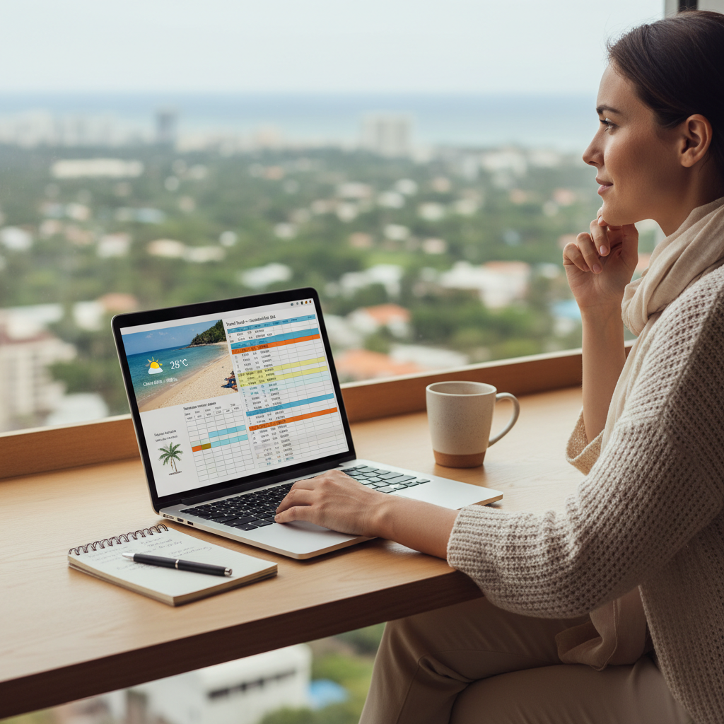 Traveler comparing beach weather and costs on a laptop