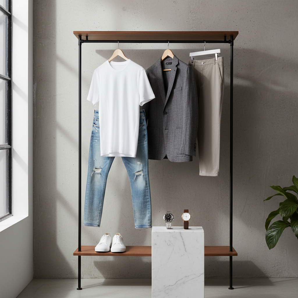 Watch styling with casual and smart outfits on a minimalist wardrobe rack