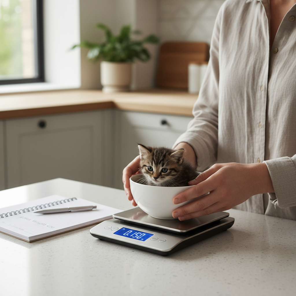 Person weighing a kitten on a small digital scale at home for growth tracking