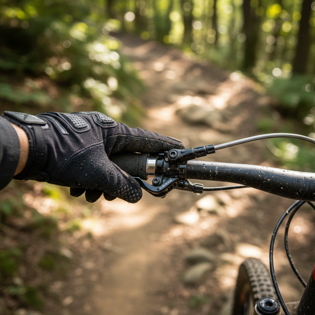 Close-up of mountain bike brakes and rider finger placement for controlled downhill braking