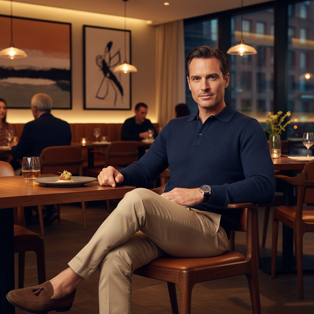 Smart casual outfit for men with knit polo chinos and loafers in a modern restaurant