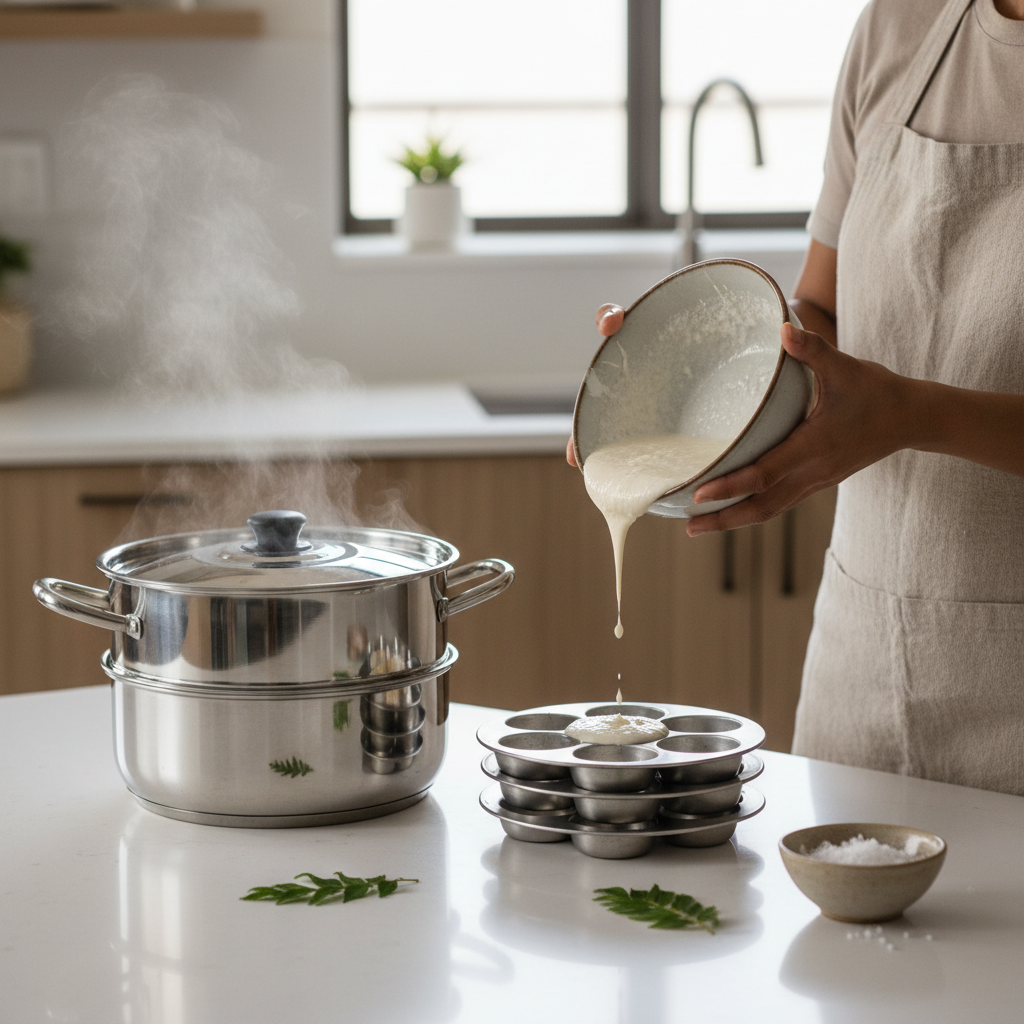 Home cook pouring idli batter into greased idli molds before steaming
