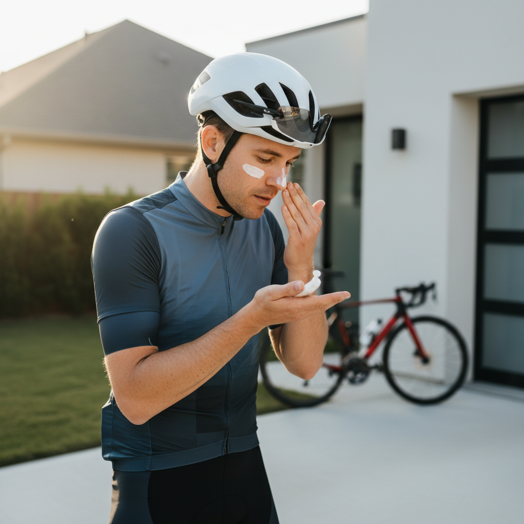 Cyclist applying facial sunscreen before a road ride
