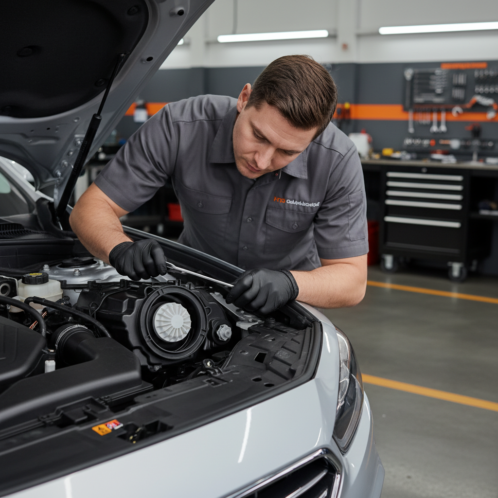 Mechanic inspecting headlight rear cover seal and vent area