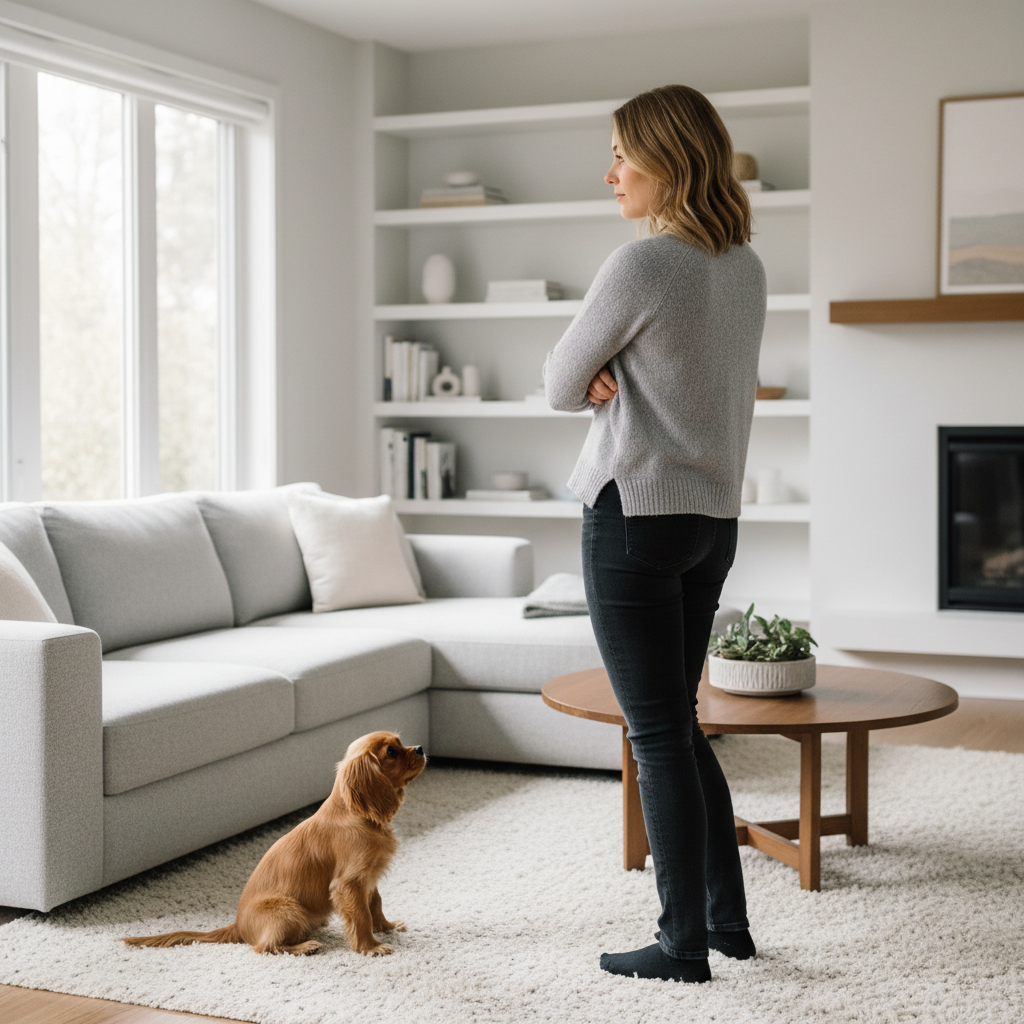 Owner standing up and turning away to end play when puppy bites hands