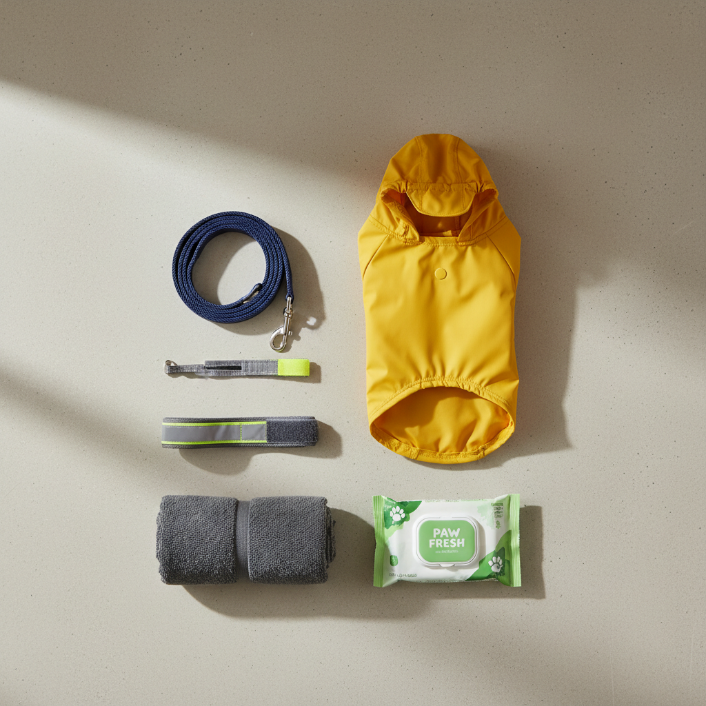 Rainy-day dog walk essentials: raincoat, leash, towel, and reflective gear