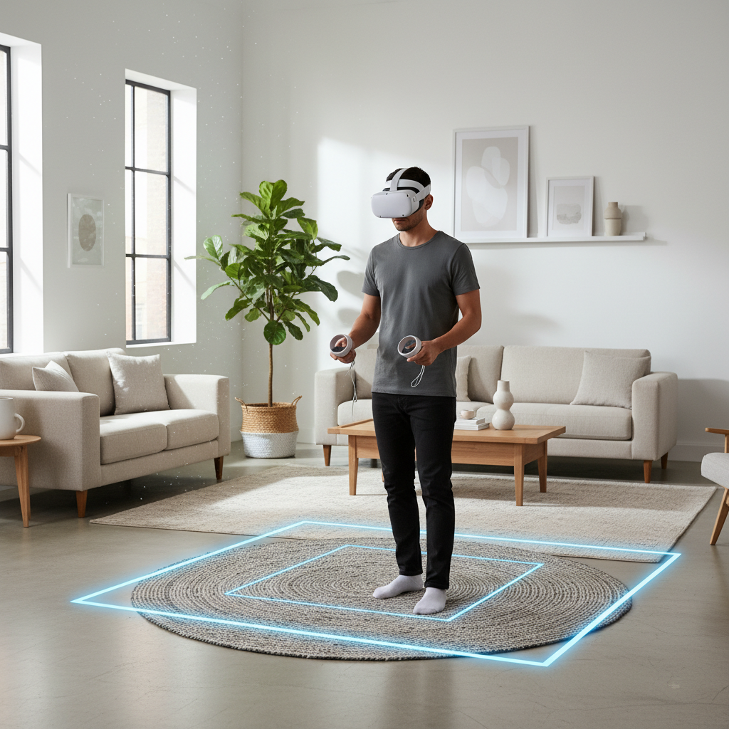 Clear VR guardian boundary setup in a living room for family play