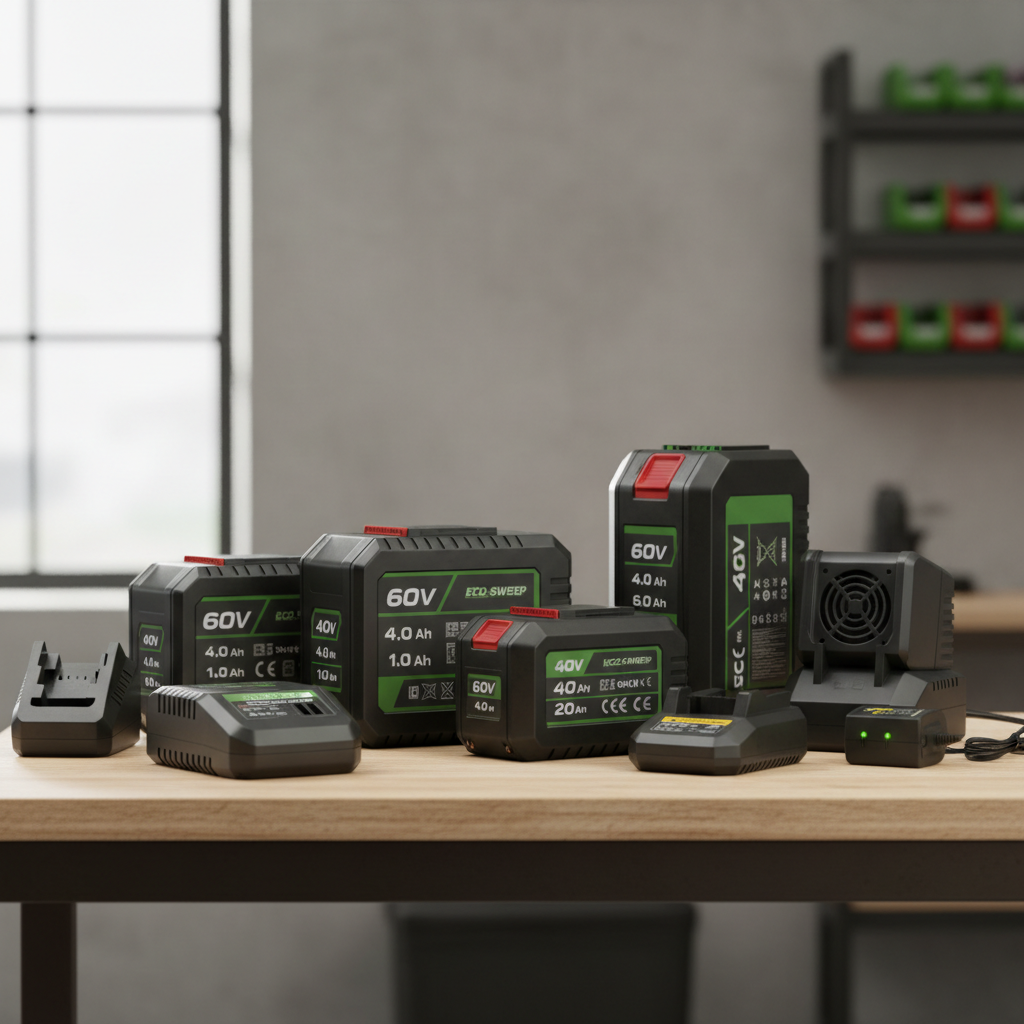 Comparison of cordless leaf blower battery packs and chargers on a workbench