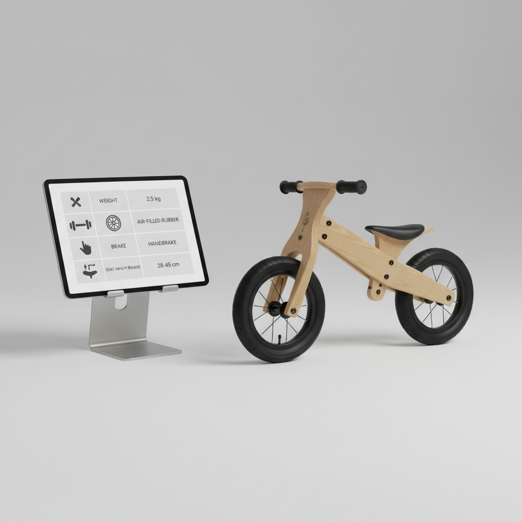 Comparison table of toddler balance bike features like weight, tires, and brake options