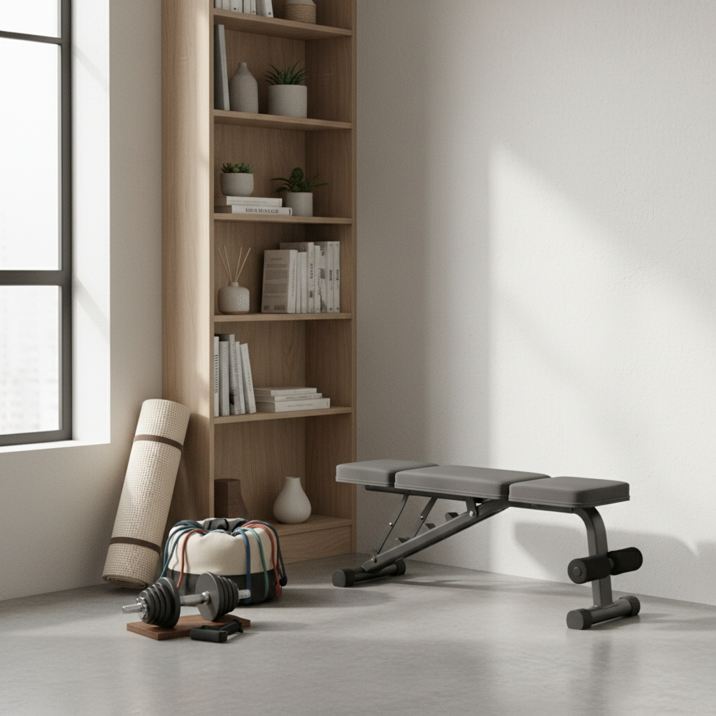 Compact home gym setup in a small apartment living room corner