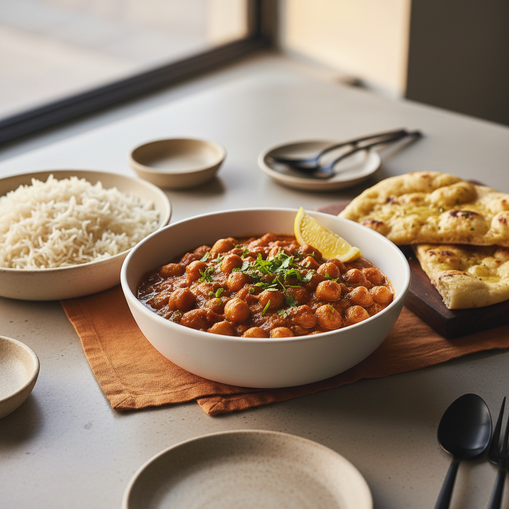 Serving easy chana masala chickpea with rice, naan, and cilantro garnish