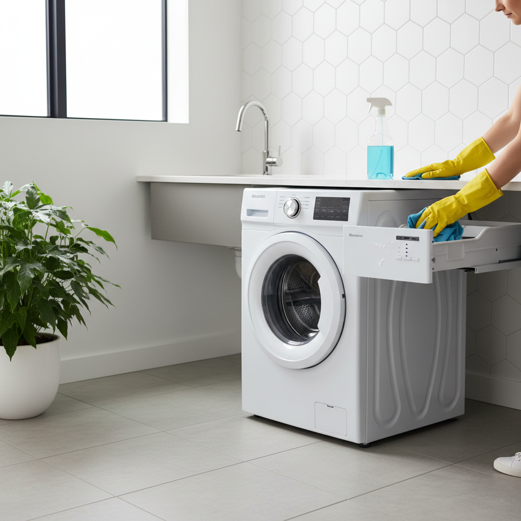 Cleaning a washing machine gasket and detergent drawer with gloves and microfiber cloth