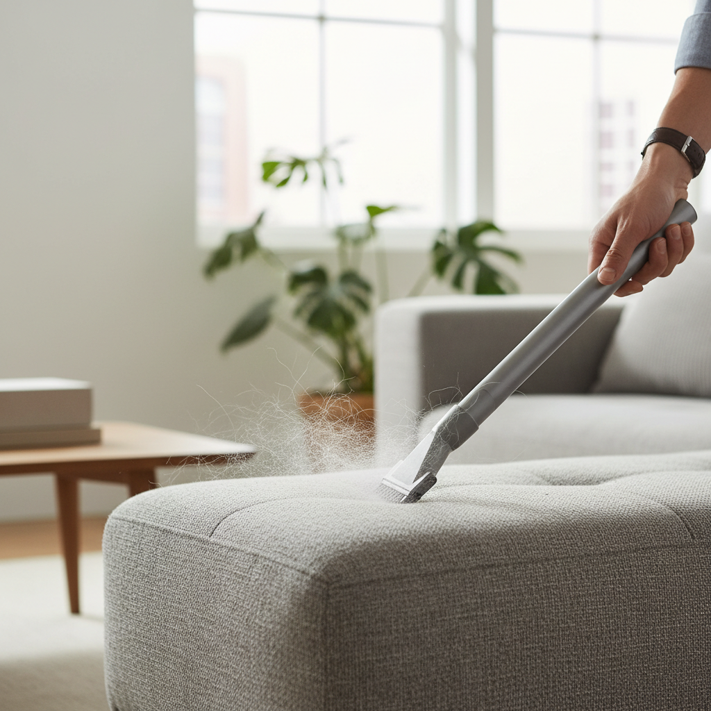 Using a crevice vacuum tool to clean pet hair from couch seams