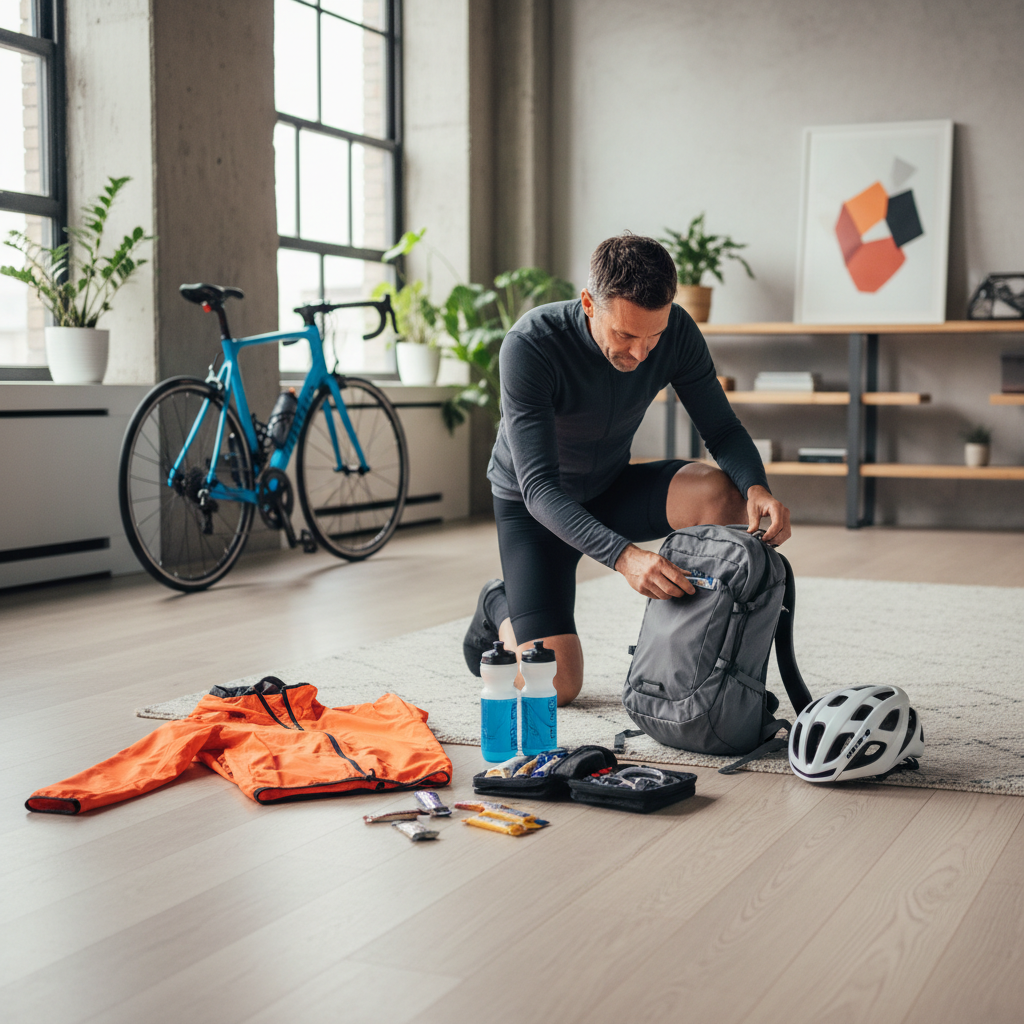 Cyclist laying out gear to pack a backpack for a cycling trip