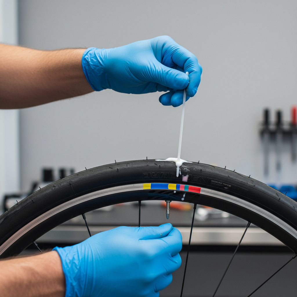 Checking tubeless sealant level in a bike tire and inspecting rim tape