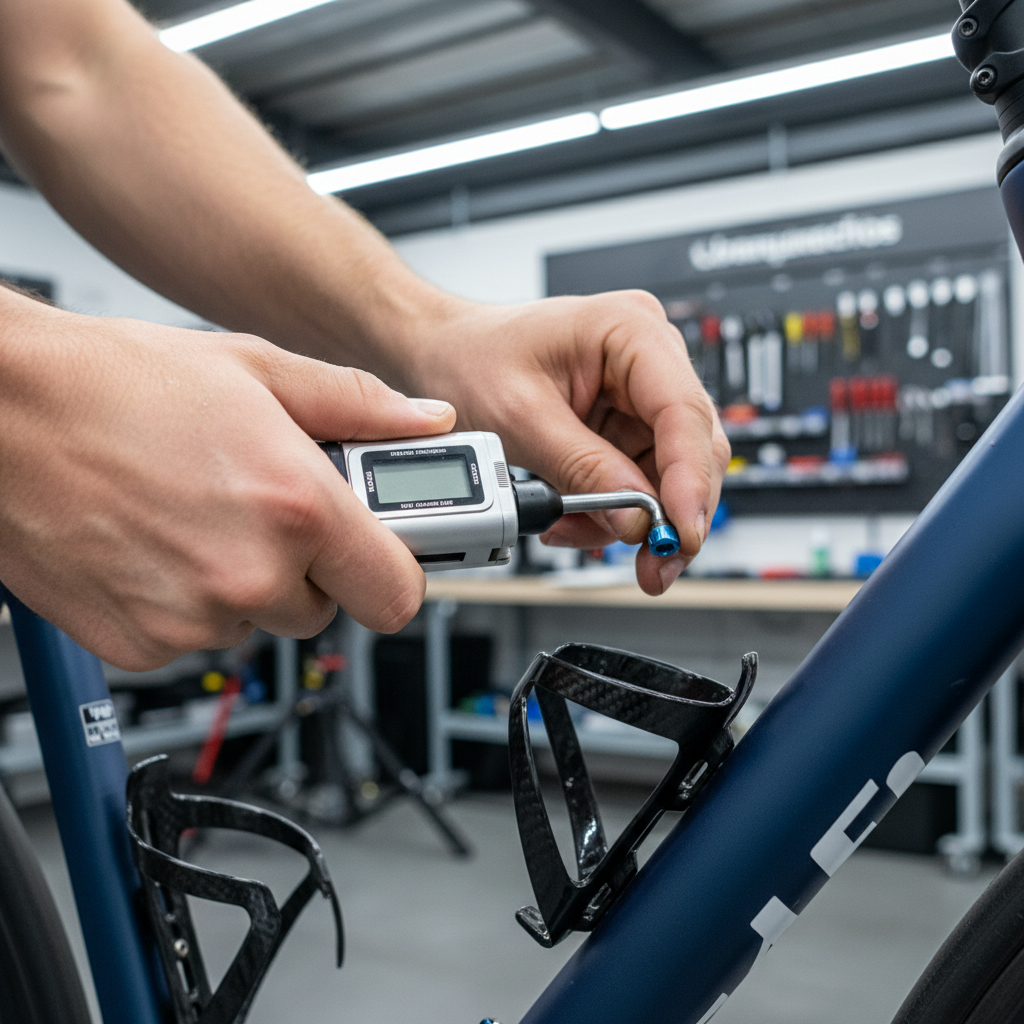 Cyclist installing a water bottle cage with torque wrench on bike frame