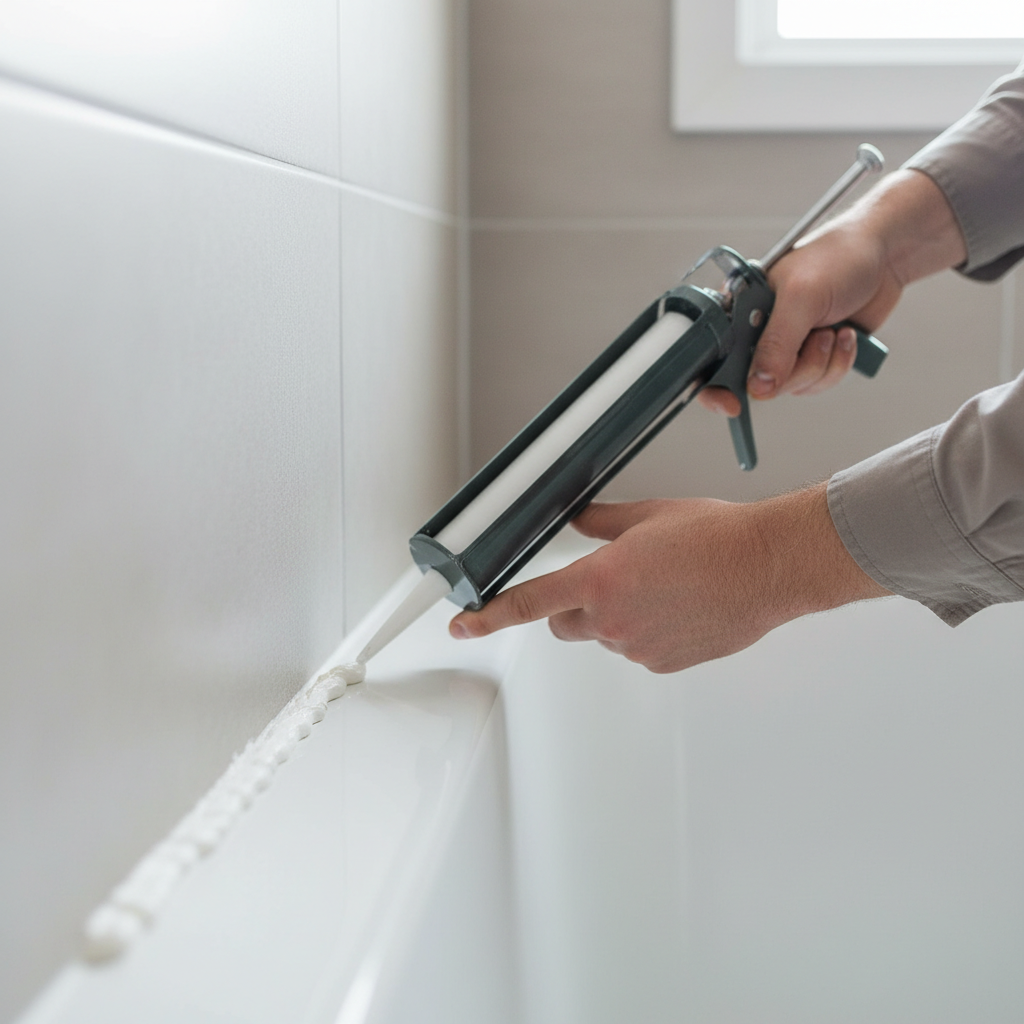 Applying caulk smoothly with a caulk gun along a bathtub edge