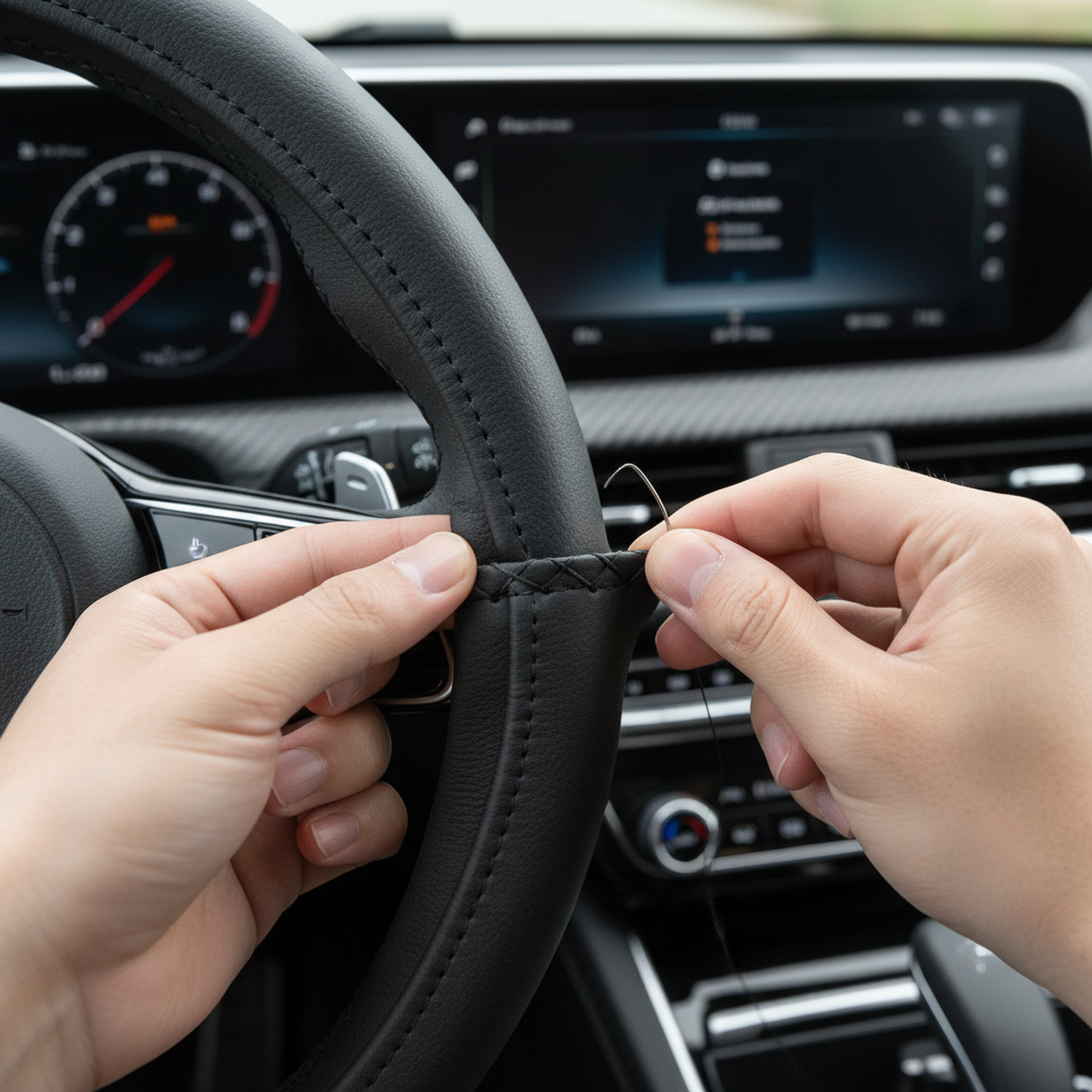 Hands installing a stitch-on leather steering wheel cover with needle and thread