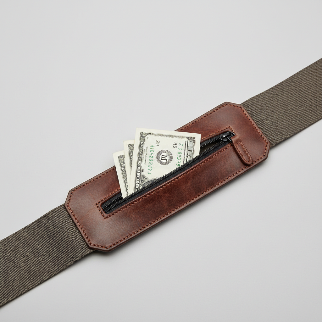 Close-up of a hidden zipper compartment inside a travel belt with folded cash