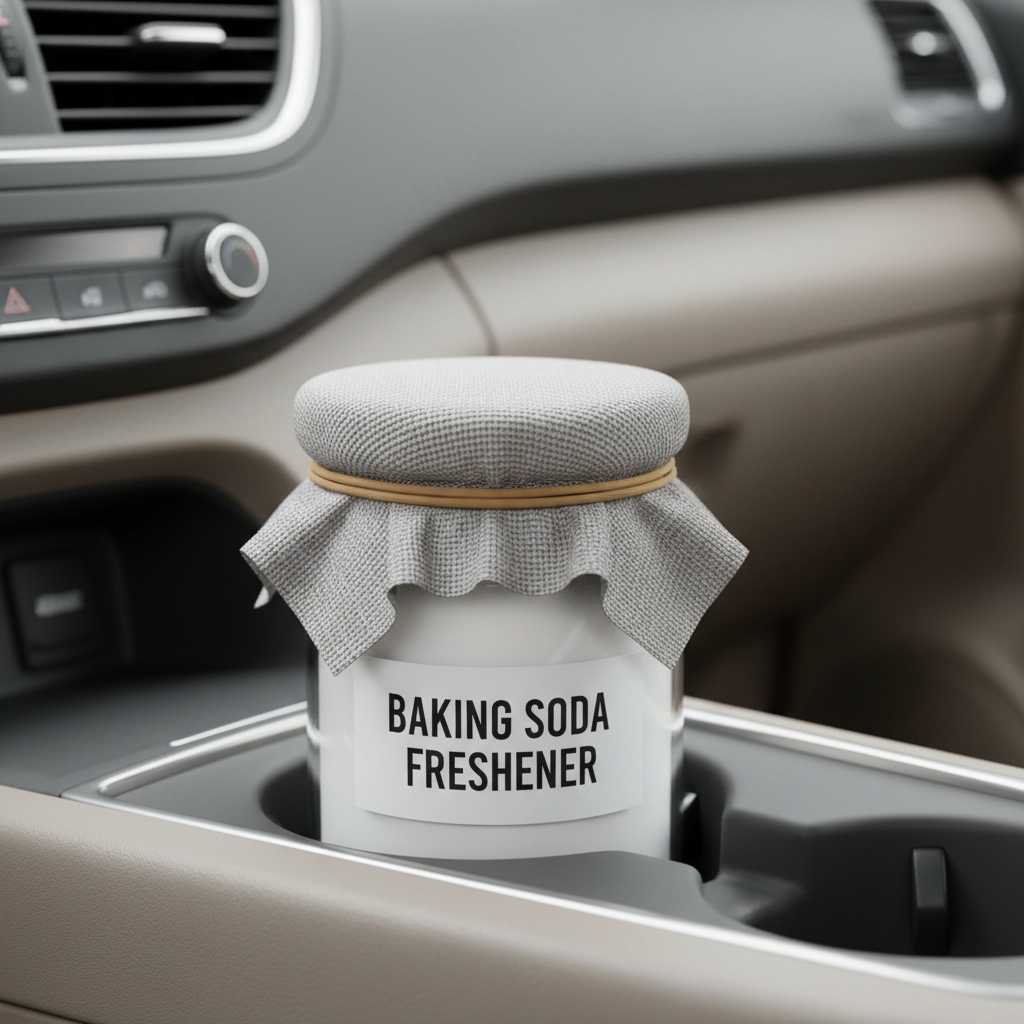 Baking soda jar homemade car air freshener placed in a cup holder