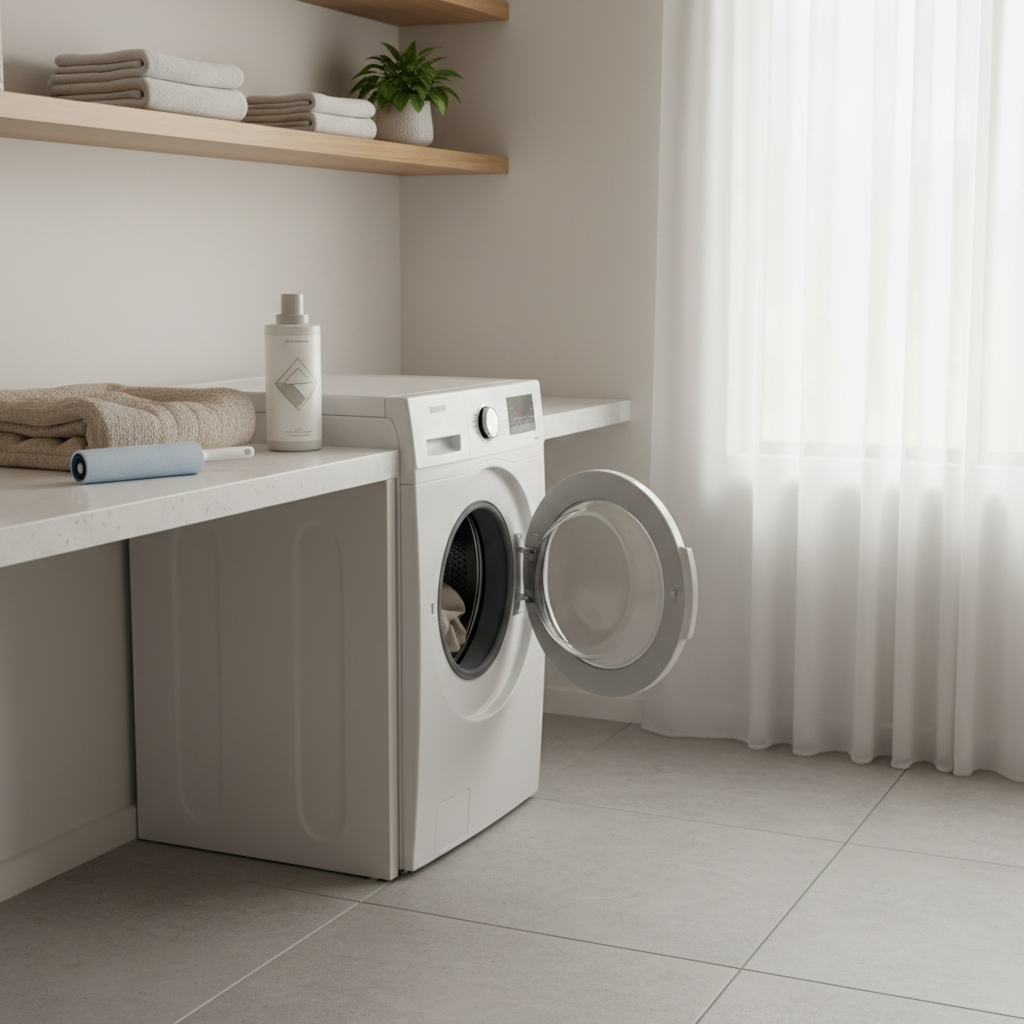 Laundry setup washing a cat bed cover with pet-safe detergent