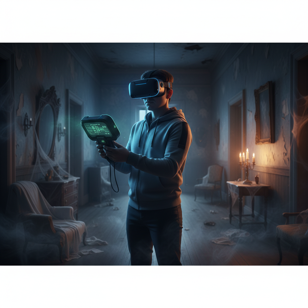 VR ghost hunting game scene with EMF reader in a dark hallway