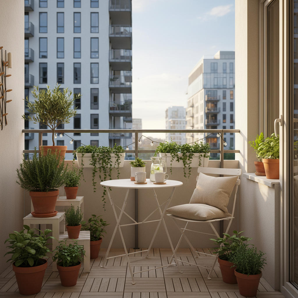 Small apartment summer balcony or window nook with plants and compact seating