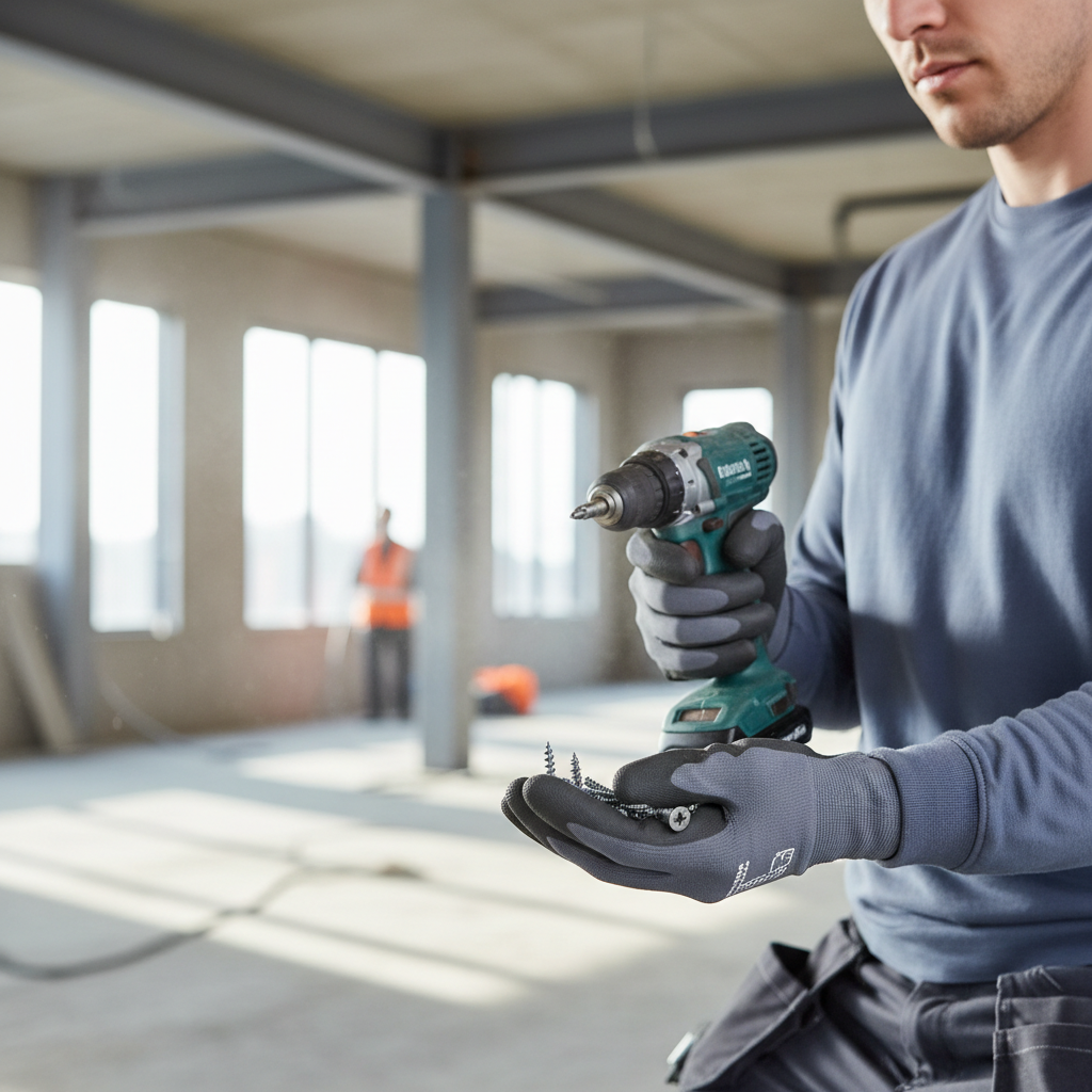 Worker testing glove fit and grip on drill and fasteners at a jobsite